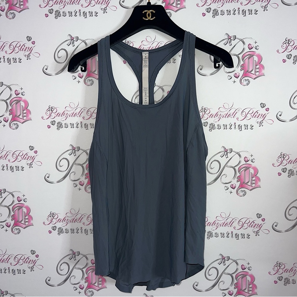 Lululemon racer back tank top workout gym yoga dark grey logo on back silver